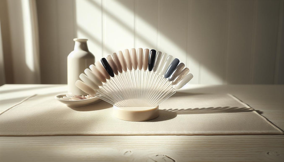 Minimalistische Nahaufnahme von schwarzen Gelnägel-Swatches (glossy, matt, jelly) auf Keramikhalter auf heller Holzoberfläche, weiches Tageslicht, dezente Blüten und Puderreste.