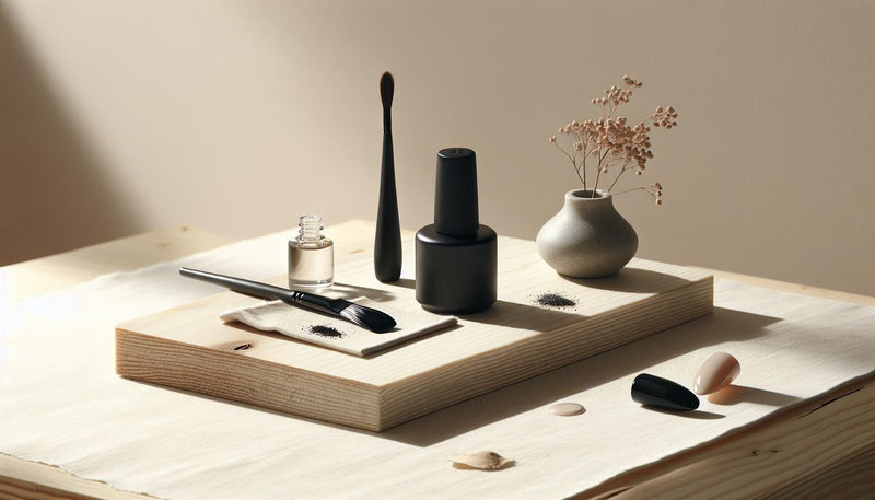 Minimalistisches Flatlay: offene schwarze Gel-Lack-Flasche, feiner Pinsel, aufgeklebter schwarzer Nagel-Tip, Nagelöl und kleine LED-Lampe auf hellem Holz.