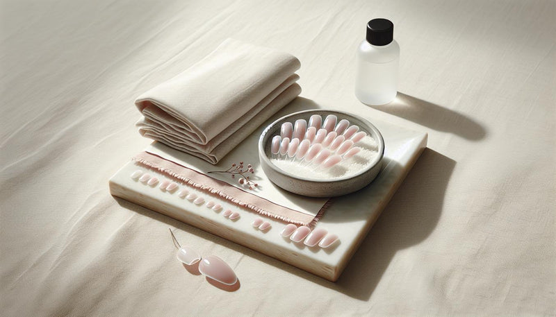 Glänzende Gelnägel auf hellem Birkenholz mit fusselfreiem Tuch und kleiner Cleaner‑Flasche, ruhiges minimalistisches Setting zum Schwitzschicht entfernen