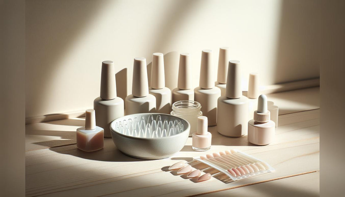 Minimalistisches Flatlay eines set gelnägel Starter‑Kits auf heller Birkenholzoberfläche mit offenem Gel‑Tiegel, Soft‑Gel‑Tips, UV‑Lampe und dezenten pinken Akzenten.