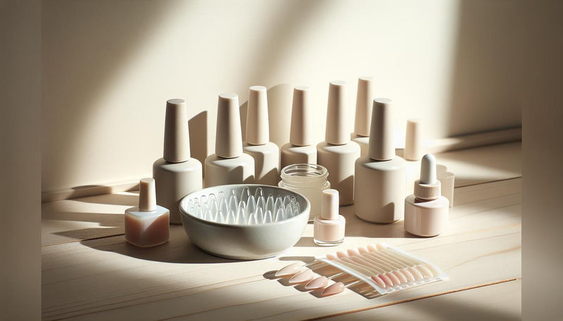 Minimalistisches Flatlay eines set gelnägel Starter‑Kits auf heller Birkenholzoberfläche mit offenem Gel‑Tiegel, Soft‑Gel‑Tips, UV‑Lampe und dezenten pinken Akzenten.