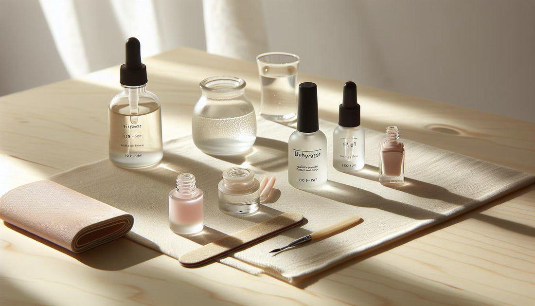 Nahaufnahme aufgeräumter Nagelarbeitsfläche mit Nagelfeile, Dehydrator-, säurefreiem Primer- und Basecoat‑Fläschchen, LED‑Lampe im Hintergrund — shellac auf naturnägeln