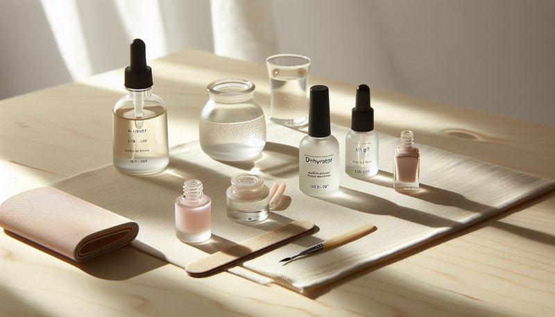 Nahaufnahme aufgeräumter Nagelarbeitsfläche mit Nagelfeile, Dehydrator-, säurefreiem Primer- und Basecoat‑Fläschchen, LED‑Lampe im Hintergrund — shellac auf naturnägeln