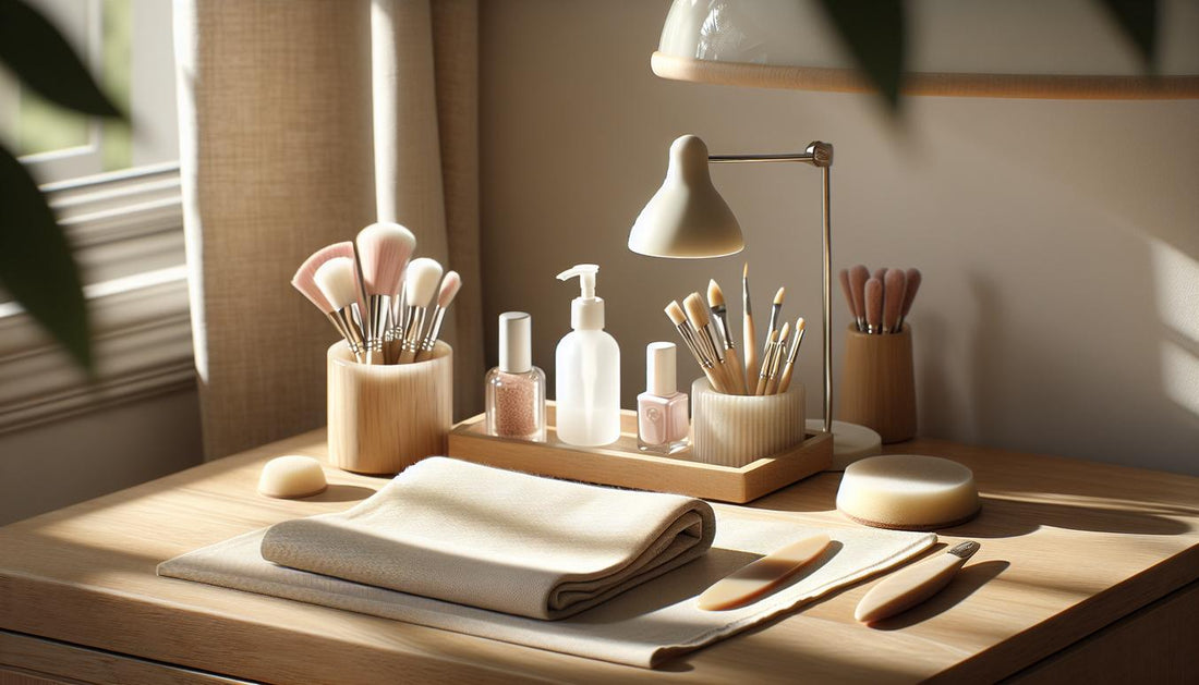 Nahaufnahme eines aufgeräumten Maniküre-Arbeitsplatzes mit Buffern, Pinseln, Dehydrator-Flasche und LED-Lampe auf hellem Holz – shellac auftragen nagelstudio