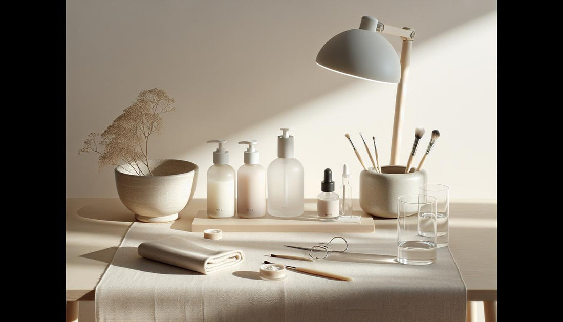 Minimalistischer Maniküretisch mit LED‑Lampe, geöffneten Base/Color/Top‑Coat‑Fläschchen, Dehydrator, Wasserglas und weichem Tuch – shellac auftragen schritt für schritt