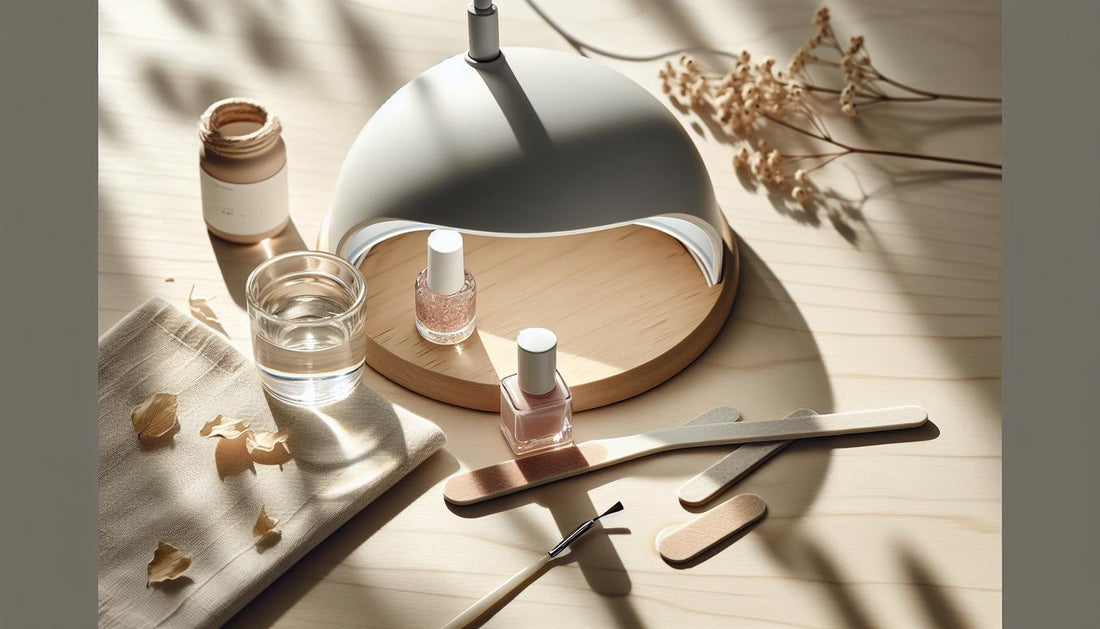 Nahaufnahme minimalistisches Maniküre-Setup auf hellem Holz mit offener Gelpolish‑Flasche, UV‑Lampe, Nagelöl, Aceton‑Pads und weicher Feile – dezenter Shellac-Akzent.