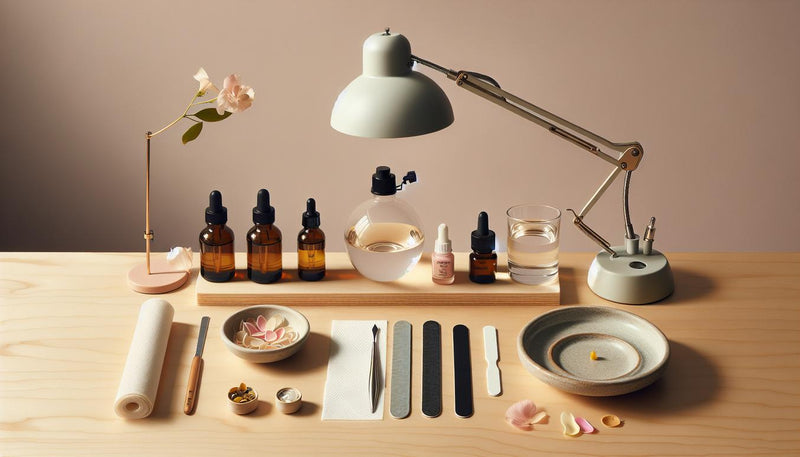 Minimalistisches Nagelstudio-Stillleben auf hellem Birkenholz mit offenem Nagelöl, LED-Lampe, unlabeled Fläschchen (Dehydrator/Base/Top), fusselfreiem Tuch und zarten pinken Blüten — shellac