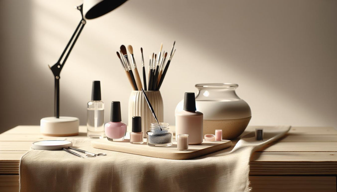 Minimalistische Nahaufnahme eines Nageltisches mit offenem Shellac‑Starter‑Kit (Base, Top, Farbtöpfchen), feinem Pinsel und LED‑Lampe, helles Tageslicht, rosa Akzente.