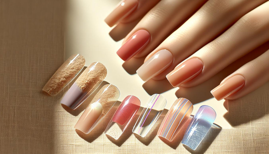 Fächer mit fünf Press‑On‑Nägeln auf beigem Leinen-Sand-Hintergrund: Koralle, Pastell‑Lavendel, Pfirsich‑Transparenz, feiner Neon‑Akzent und Perlmutt‑Glanz – Sommer 2025 Nageltrends