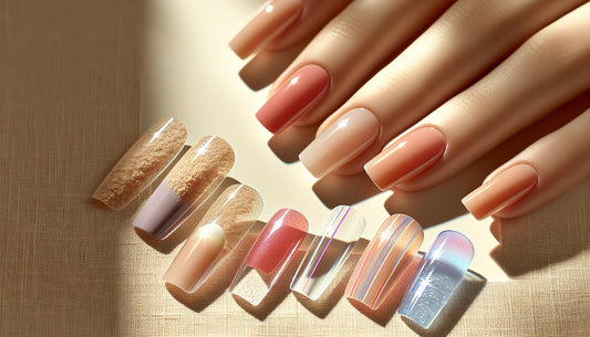 Fächer mit fünf Press‑On‑Nägeln auf beigem Leinen-Sand-Hintergrund: Koralle, Pastell‑Lavendel, Pfirsich‑Transparenz, feiner Neon‑Akzent und Perlmutt‑Glanz – Sommer 2025 Nageltrends