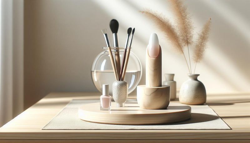 Minimalistische Nail‑Station mit künstlichem Practice‑Tip (mittellange Ballerina), halbfertige Pastellbasis und dezenter Neon‑Akzentlack – sommer gelnägel ballerina