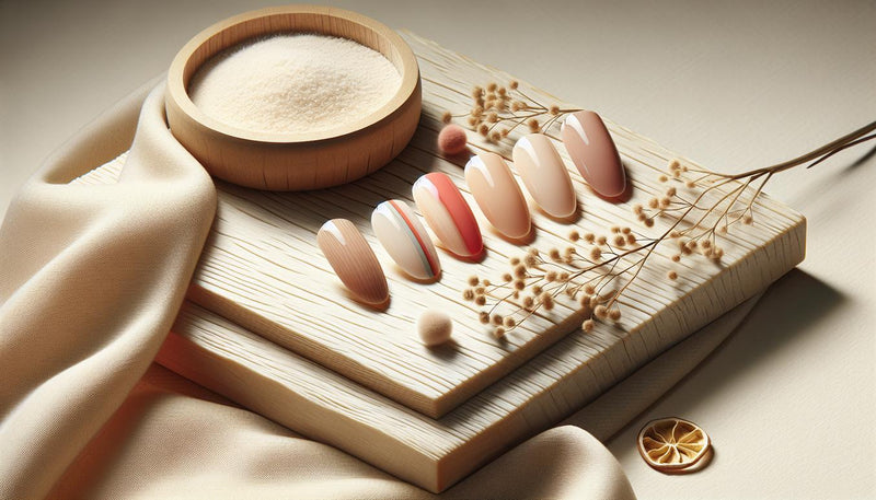 Fünf Ballerina-Gelnägel auf hellem Birkenholz mit beige Leinen; warme Nude-, Korall- und Pastelltöne, ein feiner Neon-Stripe, ein Nagel halb matt/halb glossy. sommer gelnägel ballerina