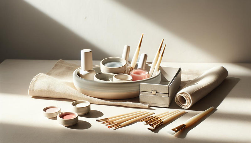 Luftiges Flatlay mit fünf Gel-Farbproben (Nude, Sheer Pink, Koralle, Pfirsich, Pastellweiß), Gold-Liner, Leinen und offenem Starter-Kit auf heller Holzfläche – sommer gelnägel ballerina