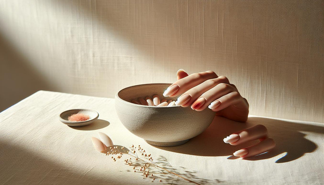 sommer gelnägel ballerina: milchige nude-Press-on-Nägel in Ballerina-Form mit feinem korall-akzent auf beigem Leinen, dezente Sonnenbrille und Muschel