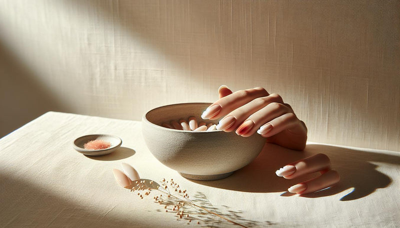 sommer gelnägel ballerina: milchige nude-Press-on-Nägel in Ballerina-Form mit feinem korall-akzent auf beigem Leinen, dezente Sonnenbrille und Muschel