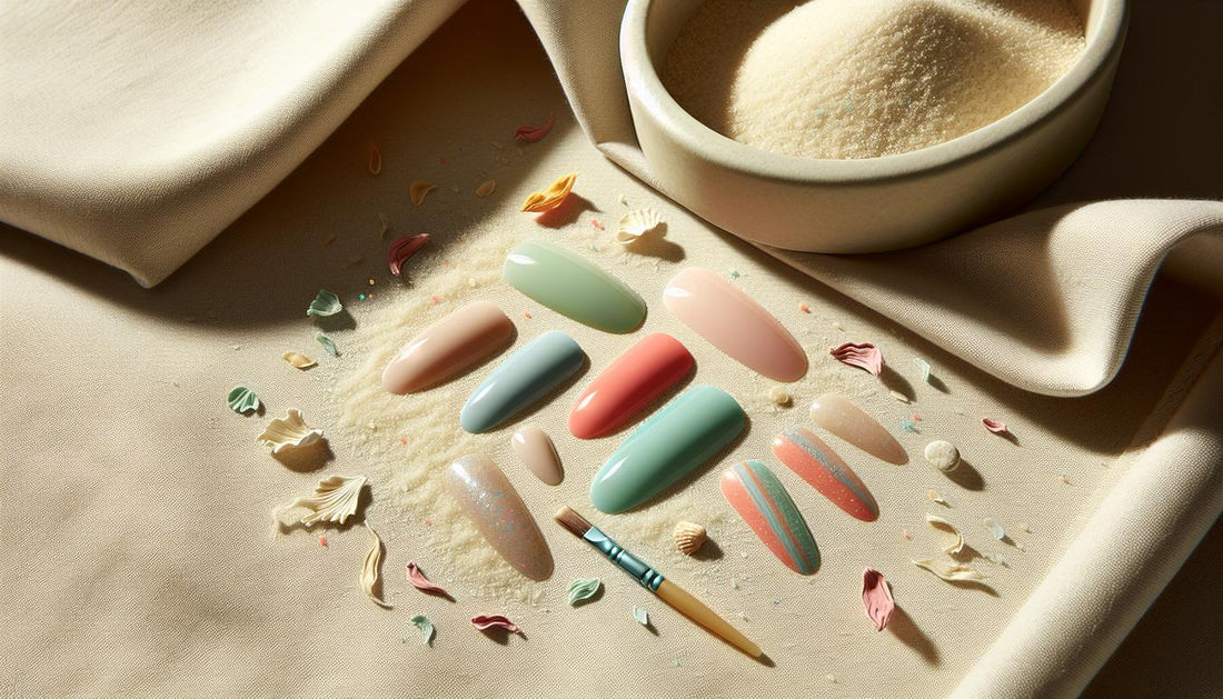 Nahaufnahme kurzer, gepflegter sommer gelnägel kurz auf beigem Leinen mit Muscheln, Pastellmint, Koralle, dezenter Neonakzent und feinem Glitzer.