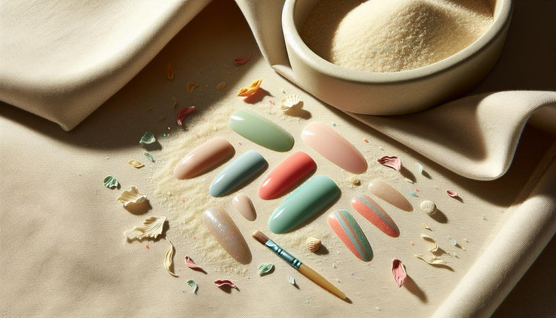 Nahaufnahme kurzer, gepflegter sommer gelnägel kurz auf beigem Leinen mit Muscheln, Pastellmint, Koralle, dezenter Neonakzent und feinem Glitzer.
