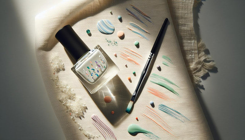 Nahaufnahme sommer nagellackfarben: Pastell-, Neon- und Türkis-Swatches neben offenem Nagellackfläschchen und Pinsel auf hellem Leinen mit Muschelfragmenten.