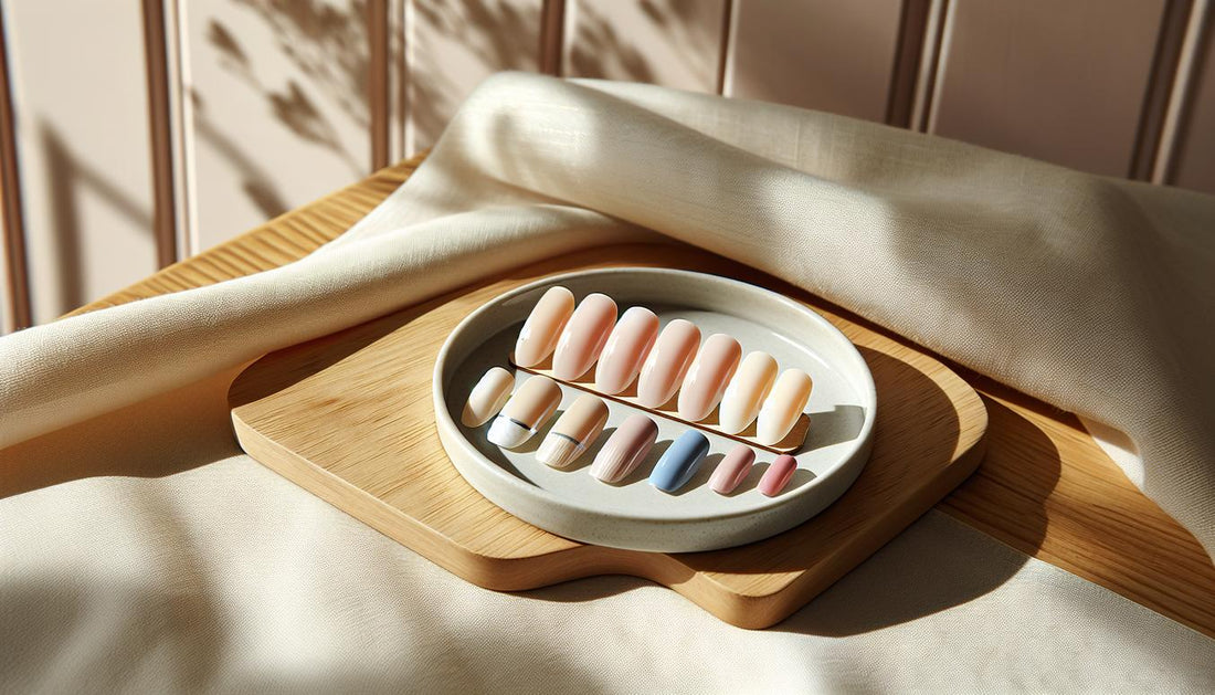 Fünf sommerliche French-Nagelspitzen auf hellem Holz mit feinen pastellfarbenen Spitzen und zartem Schimmer, natürliches Licht – sommerliche French Maniküre mit NailX