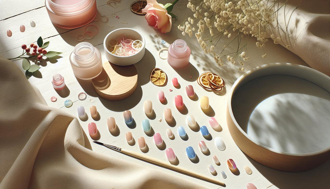 sommerliche gelnaegel ideen: flache Komposition mit Neon-Pink-, Pastell-Ombre- und Meerblau-Gel-Tips auf hellem Holz, Sonnenbrille und getrocknete Zitronenzeste.