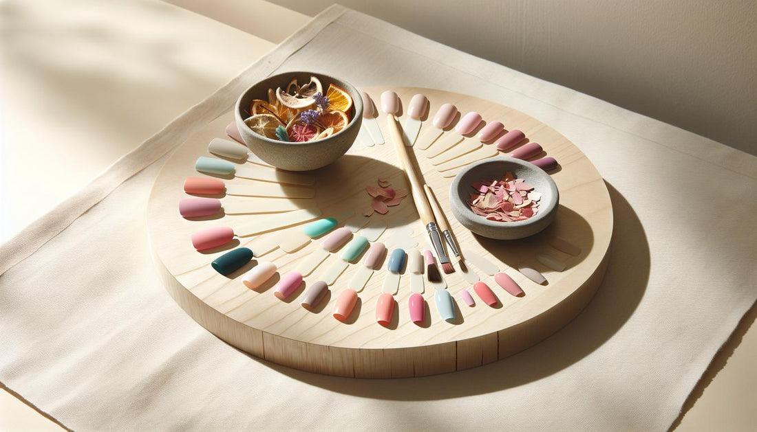 Nahaufnahme einer sommerlichen Nagelpalette mit pastelligen Swatches (Puderrosa, Mint, Flieder, Koralle, Pfirsich, Türkis) ordentlich auf hellem Birkenholz arrangiert – Sommernägel.