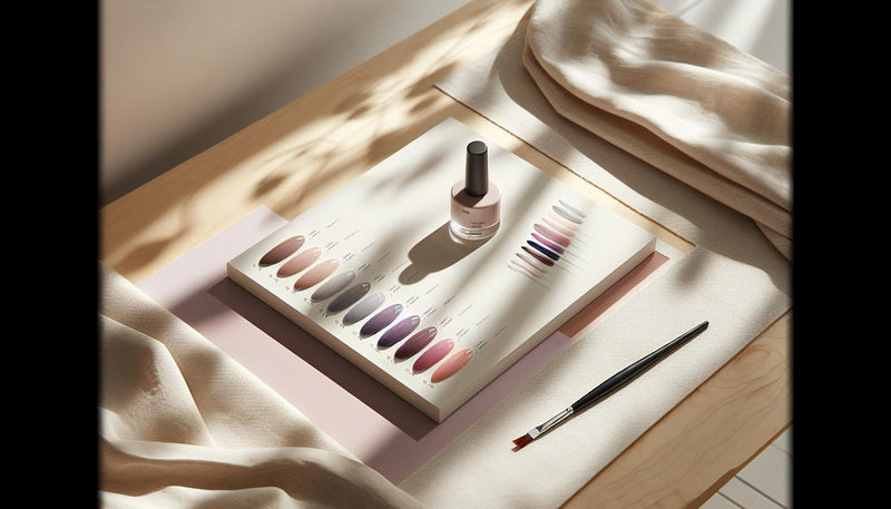 Nahaufnahme einer minimalistischen Farbkarte mit Gel‑Swatches (zartes Flieder, Mauve, Lavendel, Graublau, kühles Koralle) auf hellem Holz, feiner Pinsel daneben – Sommertyp Nagellack