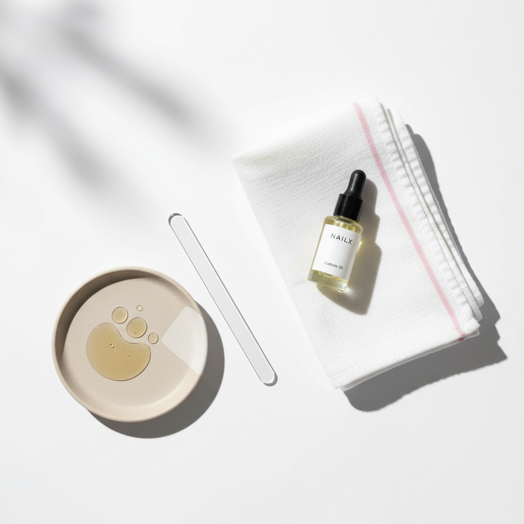 Flatlay mit NailX Nagelhautöl, Baumwolltuch, Nagelfeile und Öltropfen auf weißem Hintergrund – ruhiges, minimalistisches Motiv zum Thema Spaltnägel behandeln