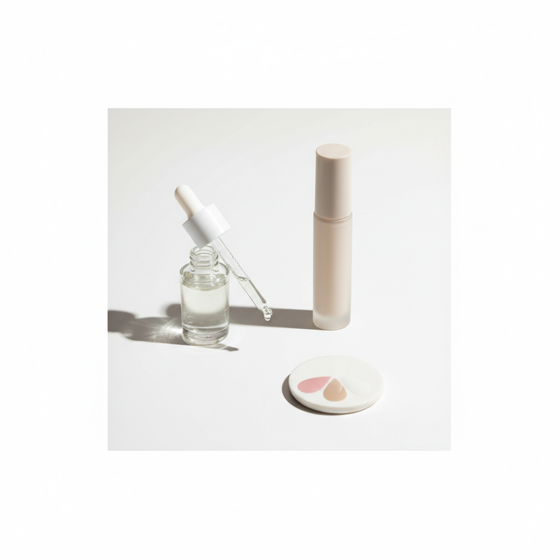 Minimalistisches Stillleben mit offenem Nagelöl, Glaspipette, neutralem Nagelversiegelungs-Fläschchen und rundem NailX-Farbreferenzchip auf weißer Oberfläche — Spaltnägel Ursachen visuell dargestellt.