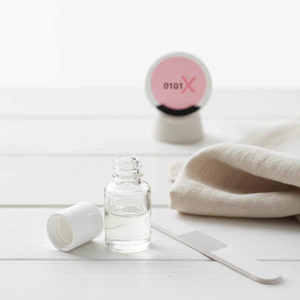 Nahaufnahme einer hellen Ablage mit offener Glasflasche Nagelöl, Leinentuch, feiner Glasfeile und rundem NailX-Etikett — Behandlung gegen splitternde Nägel