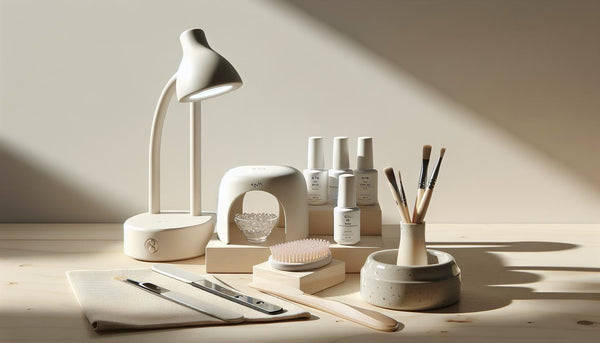 Minimalistisches Flatlay eines starterkit gelnägel auf hellem Holz mit LED-UV-Lampe, Base/Top/Dehydrator, Feile, Buffer, Pinsel und dezenten Pastellakzenten