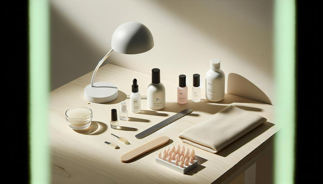 Flatlay eines minimalistischen starterkits nägel: unlabeled Base-, Top‑Gel und Dehydrator-Fläschchen, offene Soft‑Gel‑Tips‑Box, kleine UV/LED‑Lampe, Feile und Nagelöl auf hellem Birkenholz mit pastellrosa Akzent.