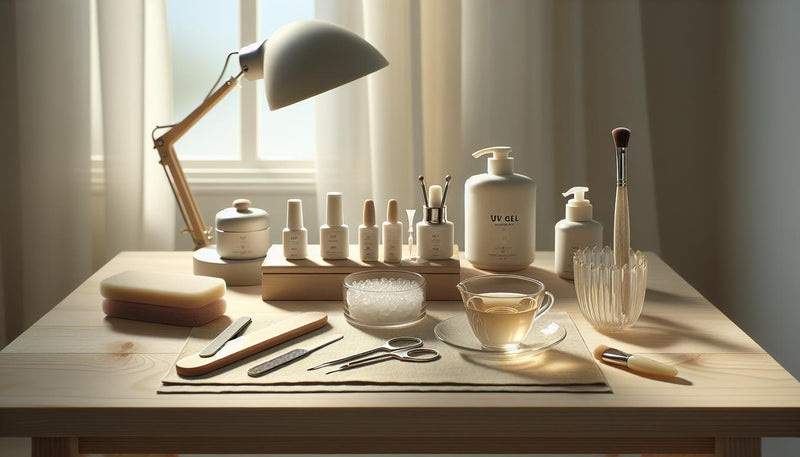 Offenes starterset gelnägel auf hellem Birkentisch mit Base‑/Top‑Fläschchen, Feilen, Buffer, Pinzette, Nailart‑Pinsel und LED‑Lampe im Hintergrund, minimalistisch, hell.