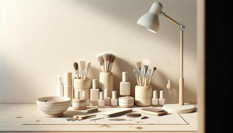 Minimalistische, helle Arbeitsfläche mit starterset gelnägel: Base- und Top-Coat, Feilen, Buffer, Pinselset, Soft-Gel-Tips in Schale und kompakte LED-Lampe.