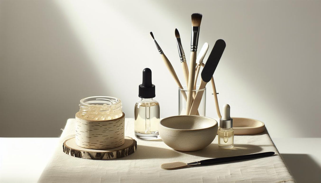 Minimalistisches Maniküre-Setup mit offenem Gel, Pinsel, Feile und Cuticle Oil auf hellem Birkenholz, dezenter Pink-Akzent – tragedauer gelnägel