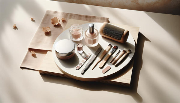 Minimalistisches Flatlay einer aufgeräumten Nail-Workstation mit matten Nude-Farbchips, Chrom-Pulverdöschen, Gel-Liner-Pinsel und feinen Feilen auf heller Birkenholzfläche – trend nageldesign 2025