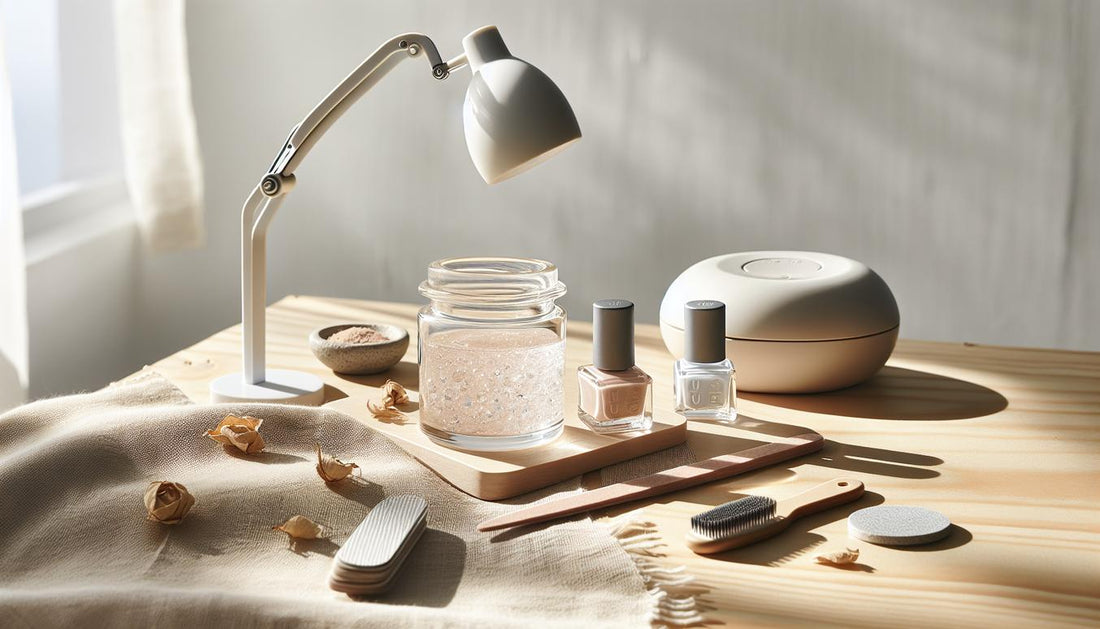 Minimalistische Maniküre-Station mit Glasfläschchen (Base, Top, Farblack), kompakter LED-Lampe, Feilen-Set und offenem Gel‑Starterkit auf hellem Holz – unterschied gel und uv nagellack