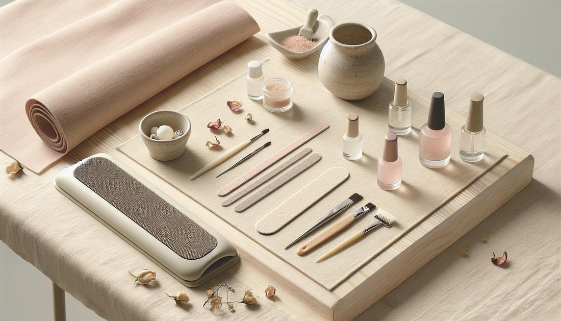 Nahaufnahme einer minimalistischen Nagel-Workstation mit Glastiegel, Feilen, Pinseln und geschlossenem UV-LED-Lampen-Gehäuse – Vorbereitung für UV Gel Nägel.