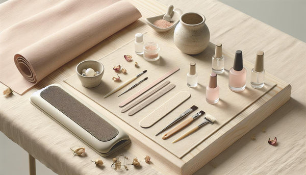 Nahaufnahme einer minimalistischen Nagel-Workstation mit Glastiegel, Feilen, Pinseln und geschlossenem UV-LED-Lampen-Gehäuse – Vorbereitung für UV Gel Nägel.