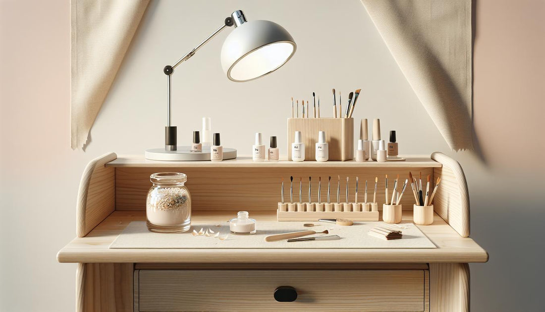 Minimalistischer Nageltisch mit offenem uv-gel im Glastiegel, LED-Lampe, Pinsel und Feilen auf hellem Birkenholz, dezente pinke Akzente, ruhiger cremefarbener Hintergrund