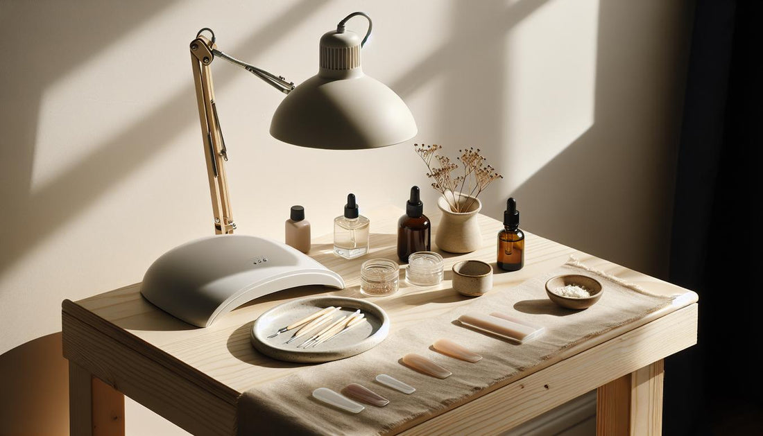 Nahaufnahme eines aufgeräumten Nageltisches mit UV-LED-Lampe, Base- und Top-Coat, Dehydrator, Nagelöl und arrangierten Gelly-Nail-Tips für UV-Gelnägel