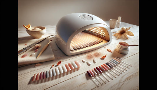 Offenes Close‑up einer UV/LED‑Nagellampe neben mehreren glänzenden Gel‑Farbmuster‑Swatches auf hellem Holz, natürliche Beleuchtung, uv lampe aushärtungszeit
