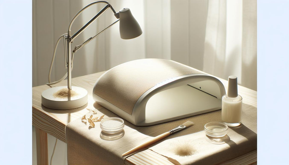 Minimalistische Nahaufnahme eines aufgeräumten Maniküre-Arbeitsplatzes mit moderner UV-Lampe, offenem Glastiegel und Pinsel in NailX-Farben, UV-Lampe benutzen