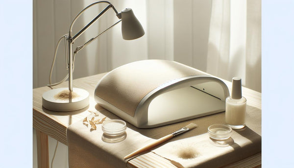 Minimalistische Nahaufnahme eines aufgeräumten Maniküre-Arbeitsplatzes mit moderner UV-Lampe, offenem Glastiegel und Pinsel in NailX-Farben, UV-Lampe benutzen