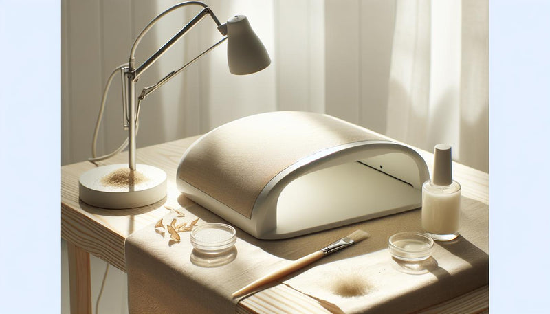 Minimalistische Nahaufnahme eines aufgeräumten Maniküre-Arbeitsplatzes mit moderner UV-Lampe, offenem Glastiegel und Pinsel in NailX-Farben, UV-Lampe benutzen