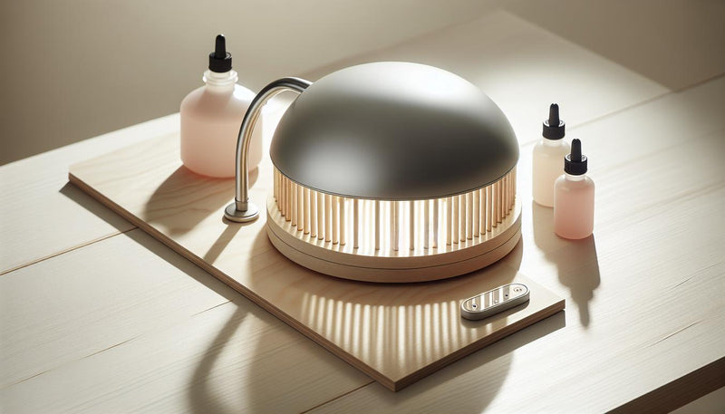 Nahaufnahme einer offenen UV-Lampe für Nägel auf hellem Birkenholz, abgenommene Bodenplatte daneben, sanft gestapelte Gel‑Fläschchen im Hintergrund, hell-minimalistisch.