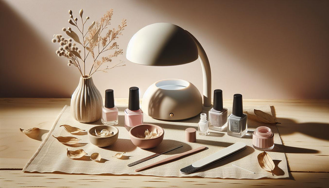 Aufgeräumter Maniküre-Arbeitsplatz mit uv lampe nagel, zwei Nagellackfläschchen und UV-Topcoat auf hellem Holz, dezente pinke und schwarze Akzente, weiches Tageslicht.