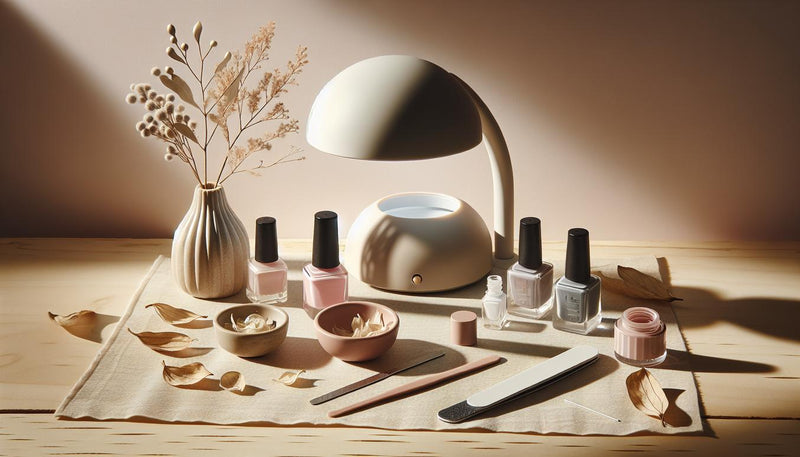 Aufgeräumter Maniküre-Arbeitsplatz mit uv lampe nagel, zwei Nagellackfläschchen und UV-Topcoat auf hellem Holz, dezente pinke und schwarze Akzente, weiches Tageslicht.
