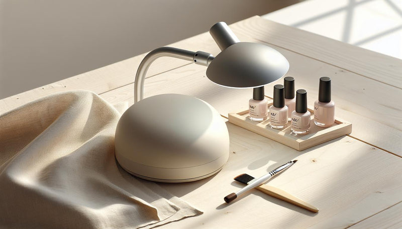 Minimalistische Nageldesign-Werkbank mit uv lampe nägel, ordentlich aufgereihte Gel-Tiegel, feine Pinsel und keramische Handablage auf hellem Birkenholz.