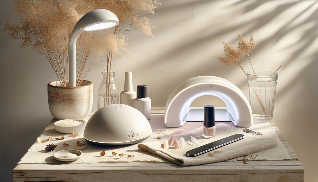 Nahaufnahme zweier Nageltrockner (LED-Lampe und klassische UV-Röhre) auf hellem Holz, umgeben von Gelgläsern, Feile und neutraler Nagelset-Verpackung, weiches Tageslicht, minimalistisch, uv lampe nägel