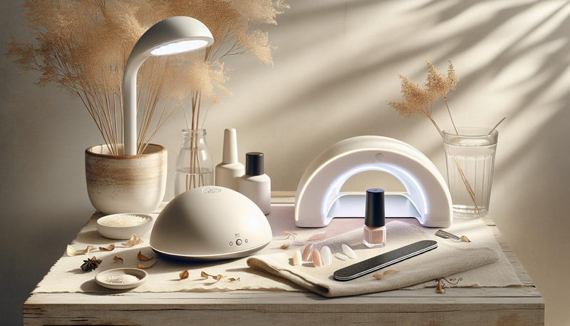 Nahaufnahme zweier Nageltrockner (LED-Lampe und klassische UV-Röhre) auf hellem Holz, umgeben von Gelgläsern, Feile und neutraler Nagelset-Verpackung, weiches Tageslicht, minimalistisch, uv lampe nägel